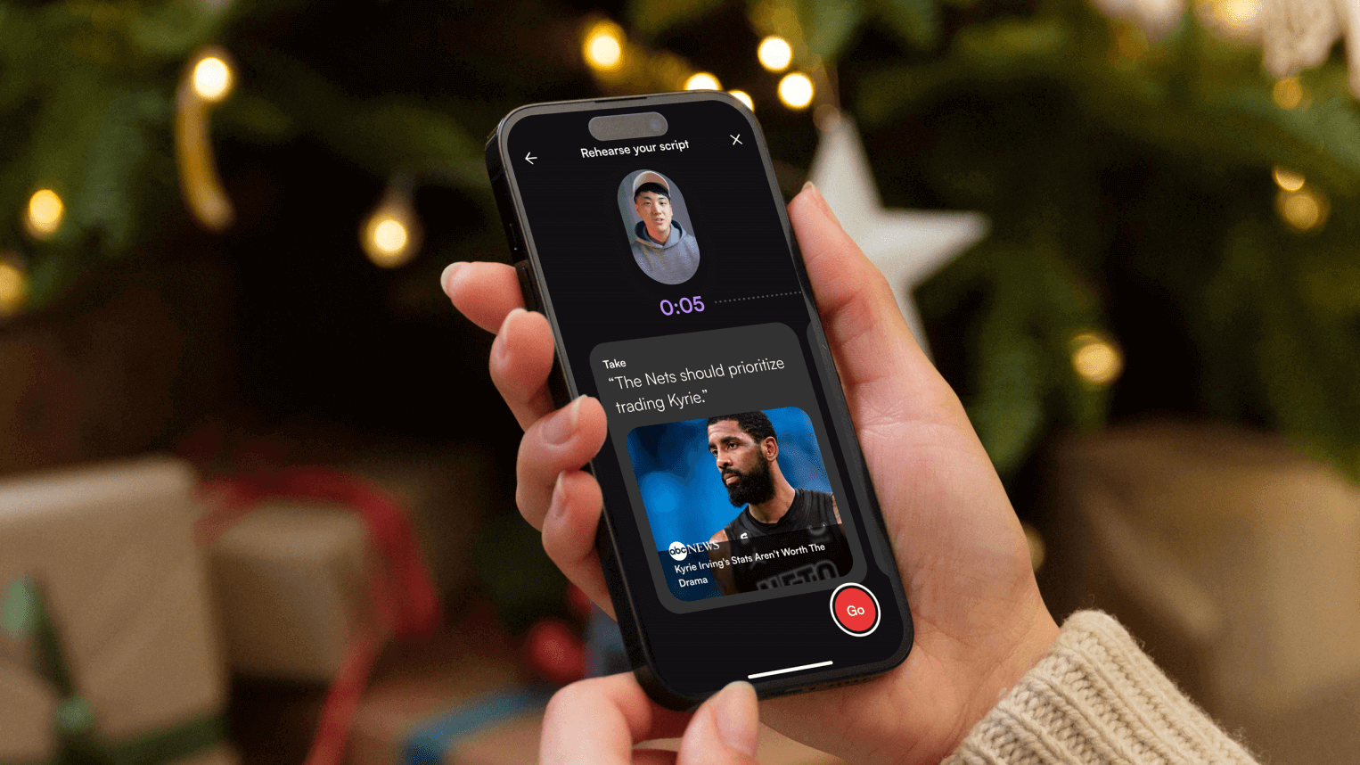 Career Plan app on a phone showing a pitch-rehearsal voice-recording screen, held in front of a Christmas tree
