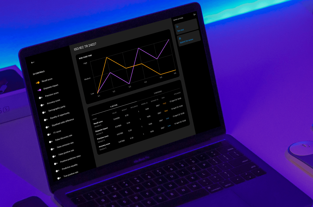 FairlyAI web-app screens for overseeing AI implementation risks