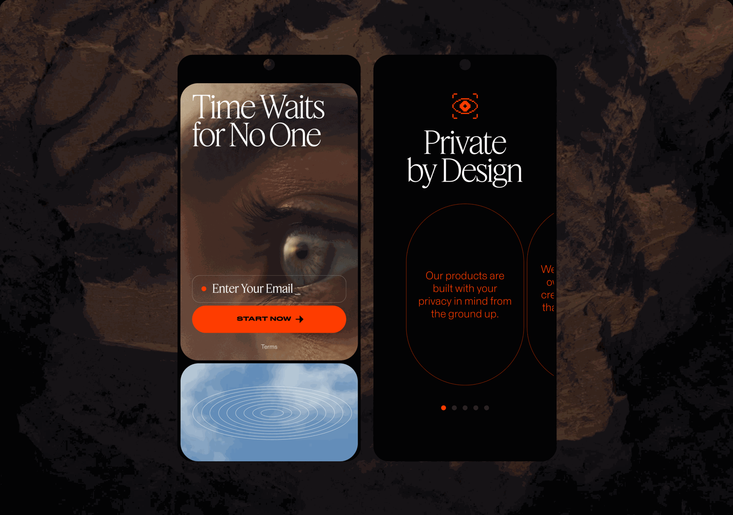 Two MindPalace onboarding screens — an email sign-up reading 'Time Waits for No One' and a 'Private by Design' privacy intro
