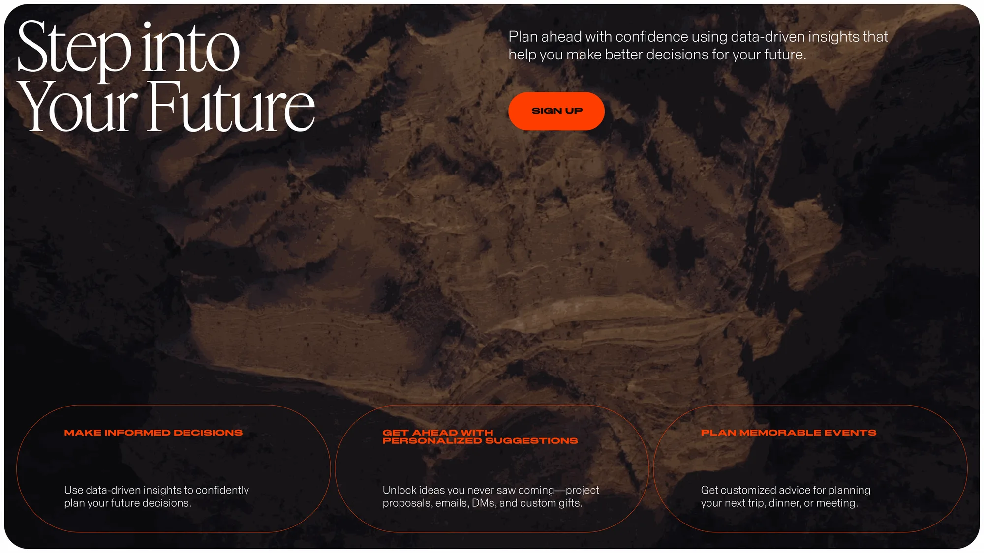 MindPalace website hero, 'Step into Your Future,' with a data-driven-insights tagline, a sign-up button and three feature columns