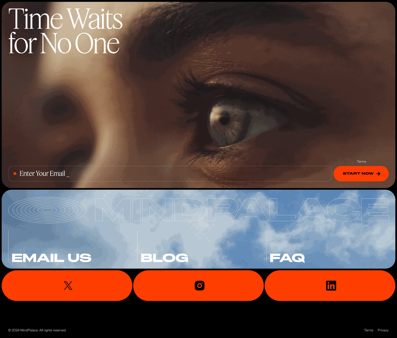 MindPalace website footer with an email sign-up, a faint MINDPALACE wordmark over a sky image, and social links