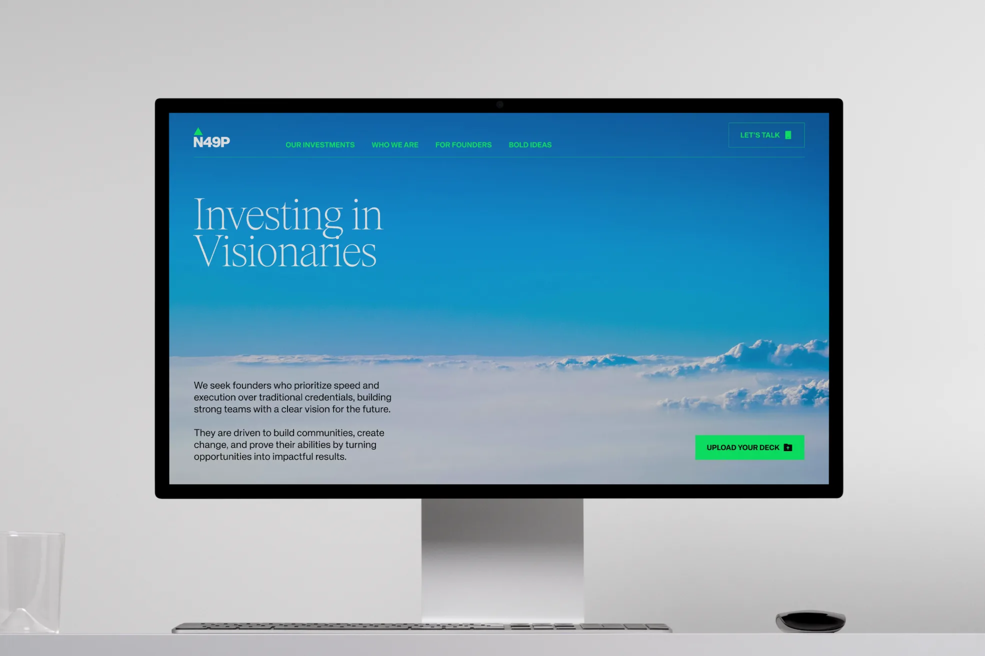 N49P investor deck pages with refined messaging and data visuals