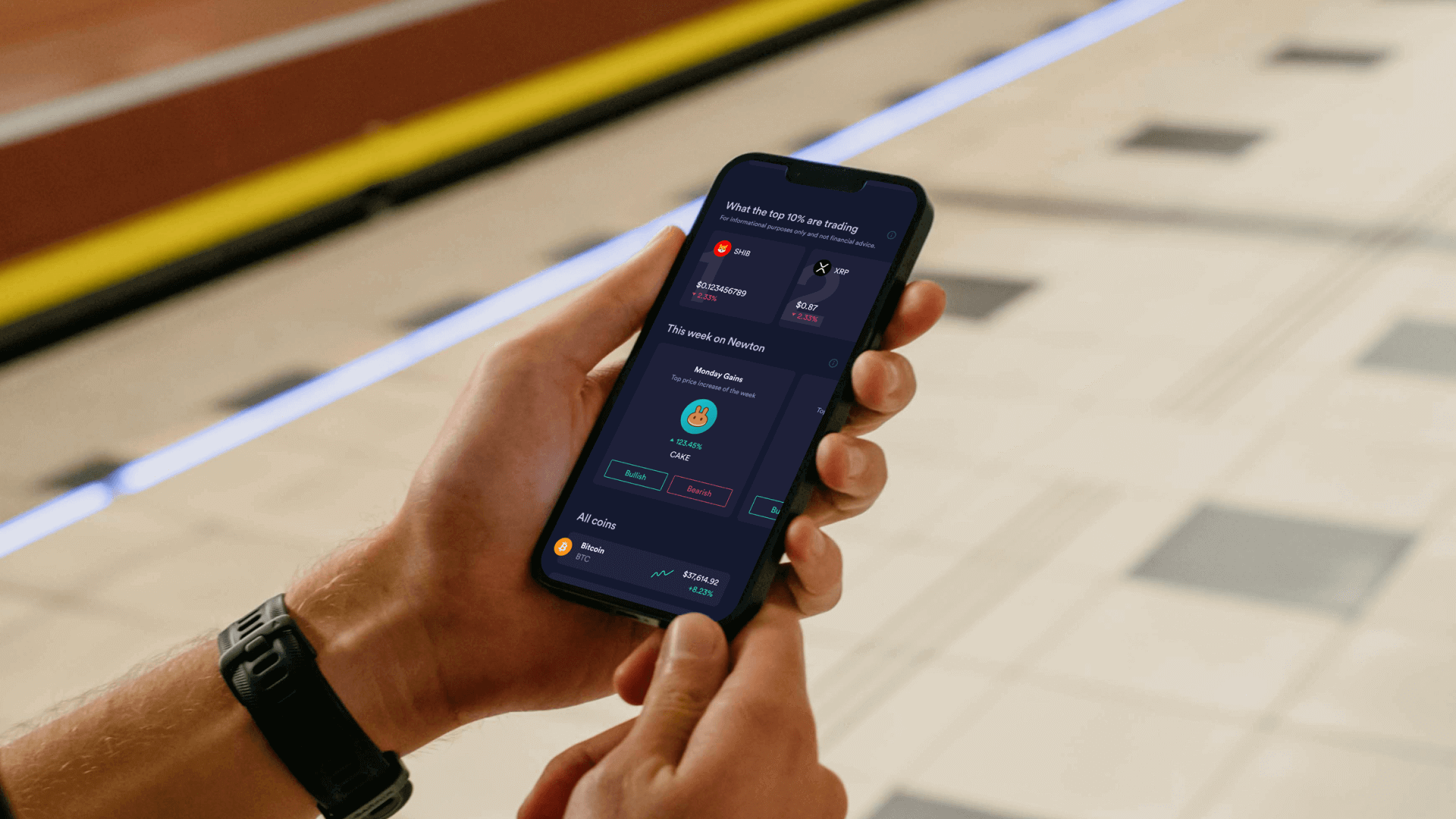 Newton product UI guiding users through crypto trading