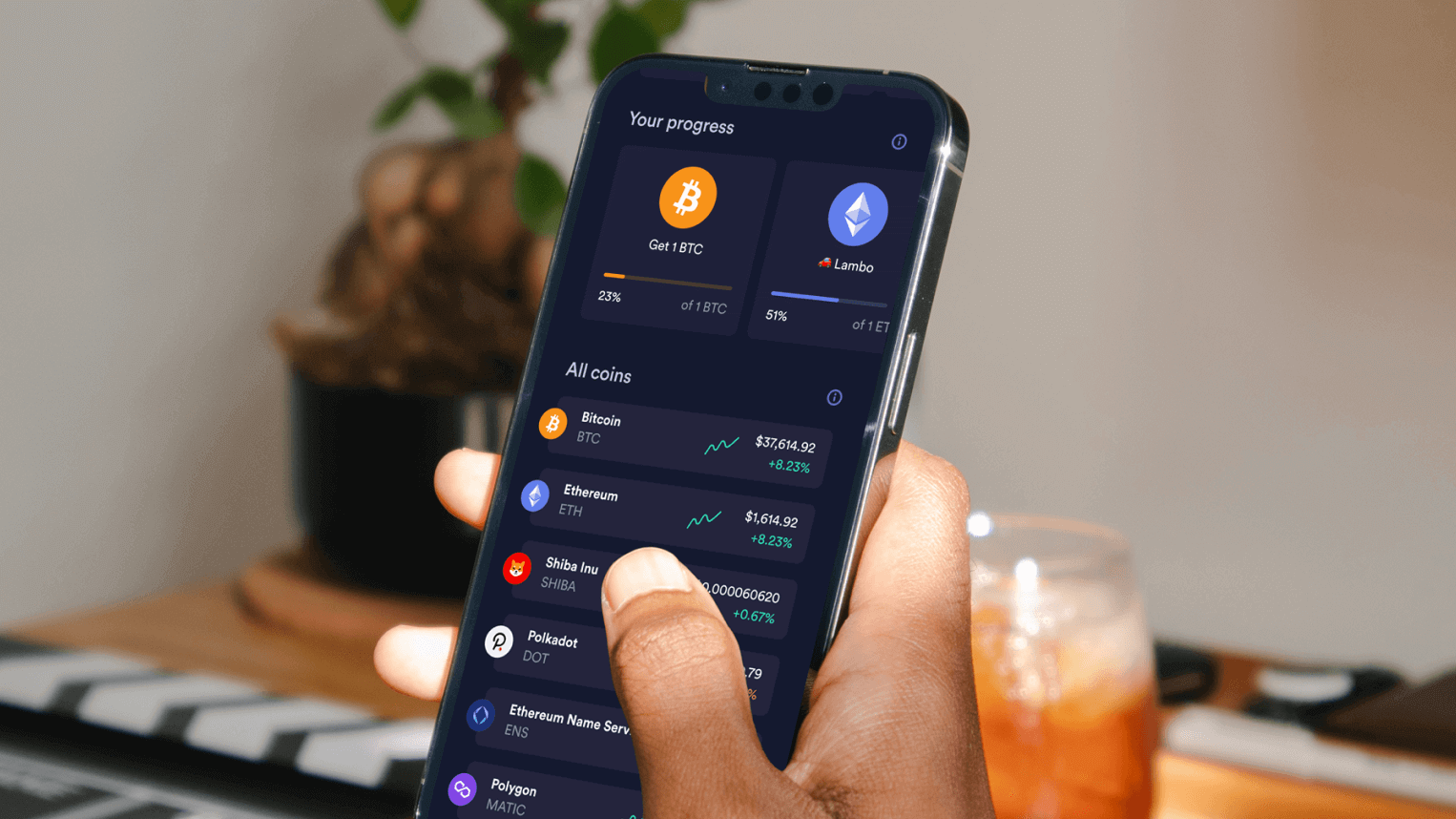 Newton crypto app on a phone showing portfolio progress and a list of coins with live prices